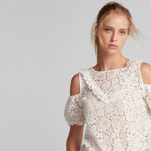 Express Lace Cold Shoulder Puff Sleeve Tee Top XS - Picture 2 of 3